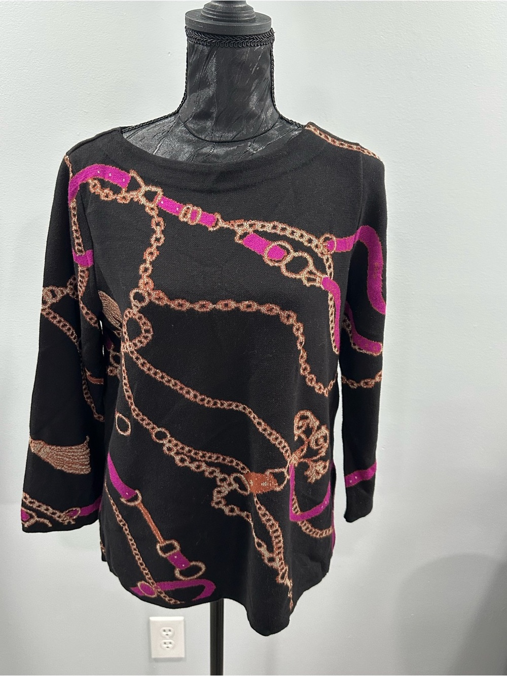 Chico's Black Long-Sleeve Chain & Strap Print Top with Fuchsia Accents